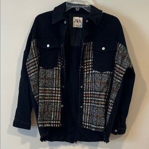 Zara Black Jean Jacket with Plaid Details Size XS